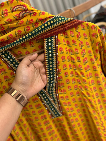 Yellow Flared Pure Crepe Panelled Anarkali