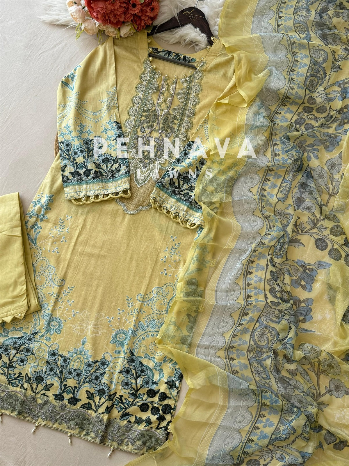 Yellow Pastel Bloom Cotton Suit with Printed Dupatta