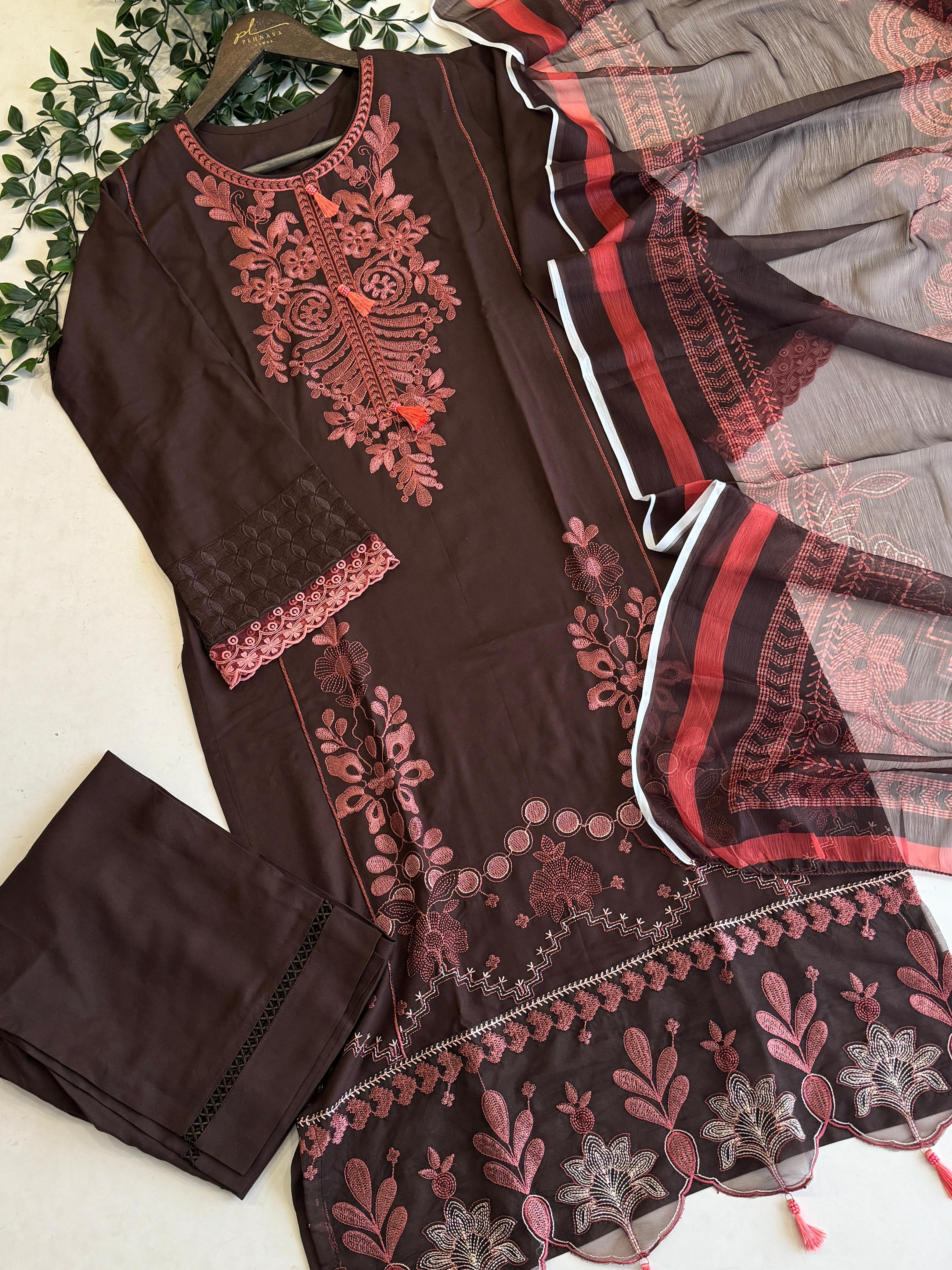 Floral Embroidered Rayon Suit - Pehnava Lawns