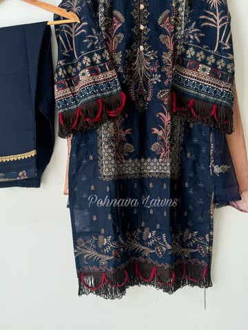 Embroidered cotton suit with chiffon dupatta -3374 peacock blue