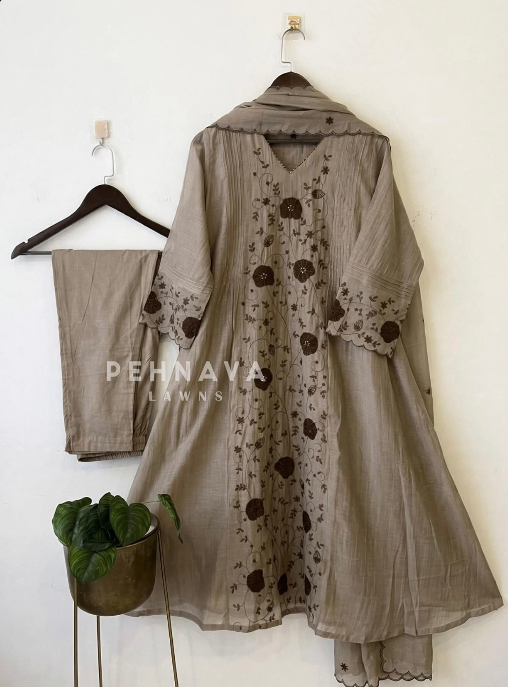 Pleated Yoke Floral Embroidered Ensemble3048