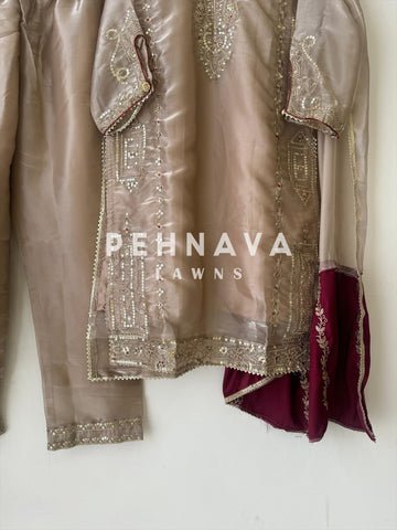 Beige Shimmer Party wear with Organza Dupatta - Pehnava Lawns