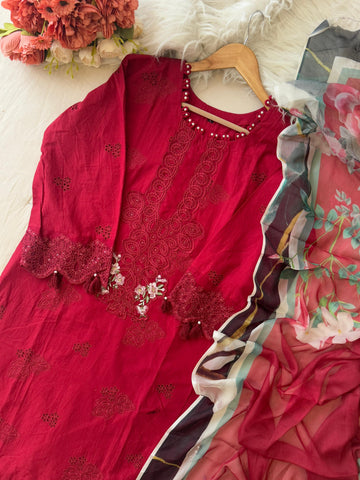 Premium Red Pak-Suit With Chiffon Dupatta