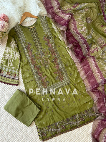 Green Cotton Embroidered Suit with Chiffon/Cotton Dupatta-3374