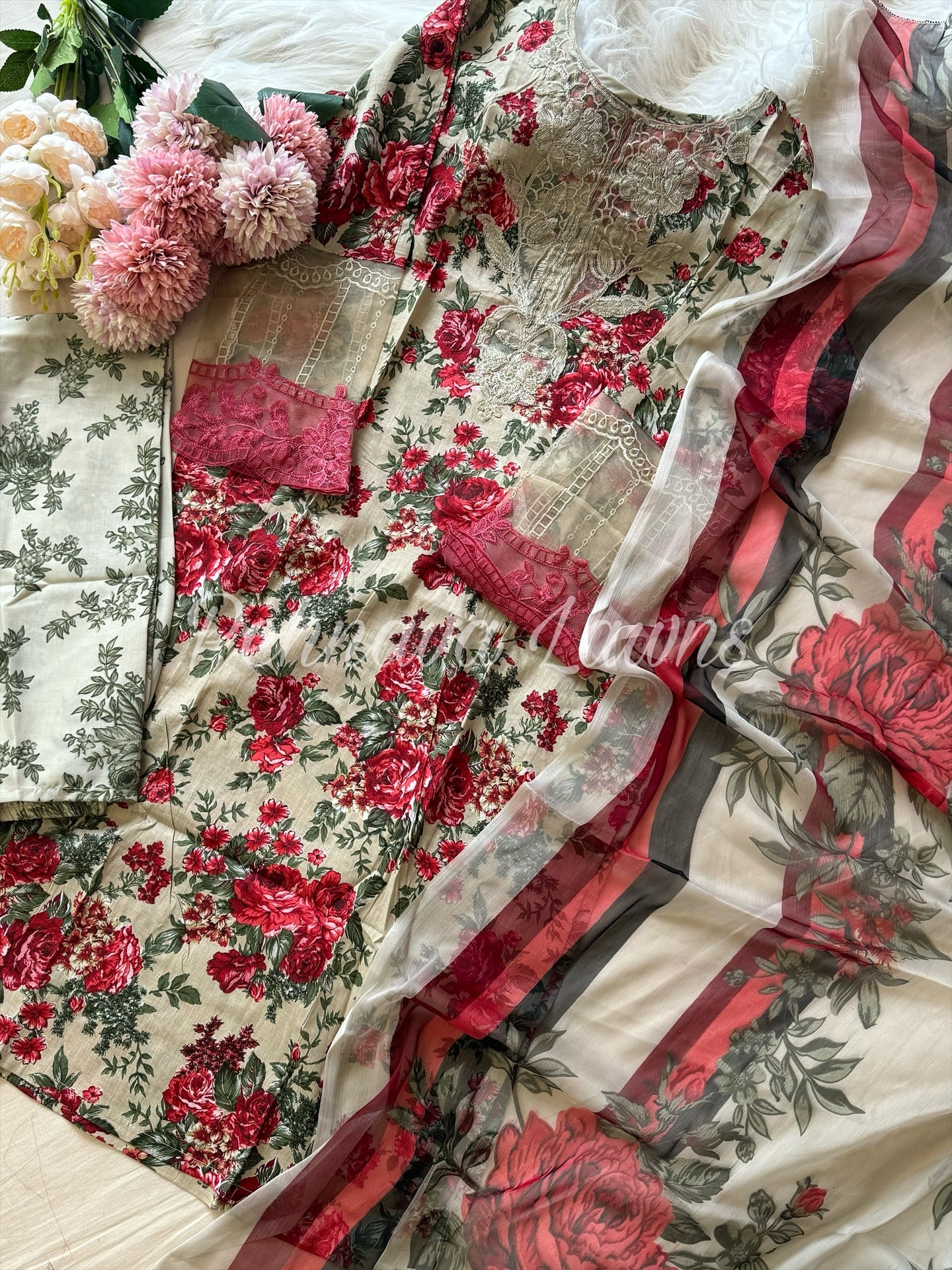 Floral printed cotton suit with embroidered patches-568 beige