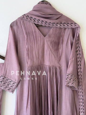 Pleated Lace Work Three Piece Suit-13513