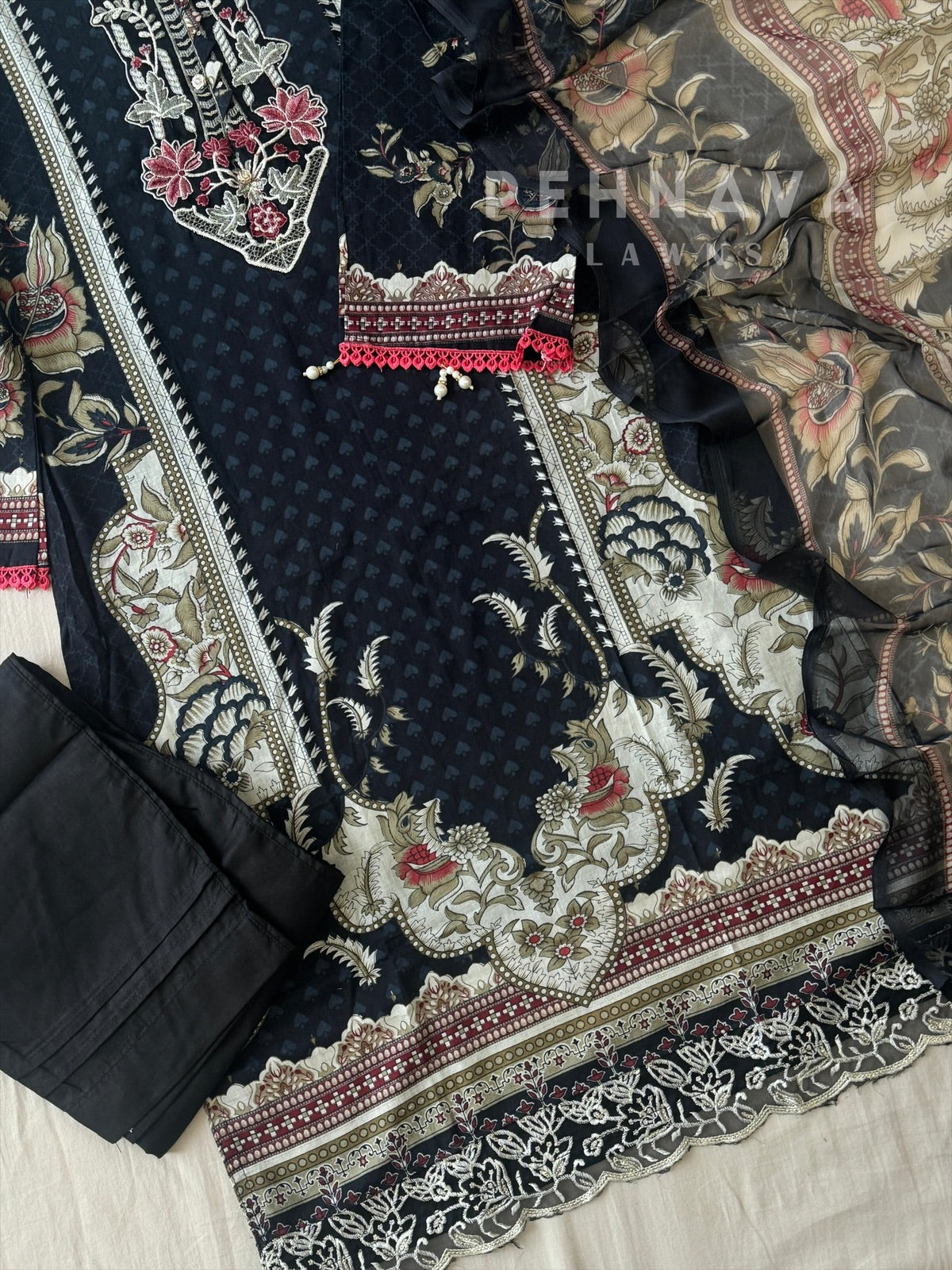 Black Lawn Suit with Printed Dupatta-Chiffon/Cotton 1346 A - Pehnava Lawns