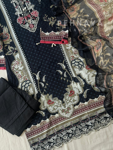 Black Lawn Suit with Printed Dupatta-Chiffon/Cotton 1346 A - Pehnava Lawns