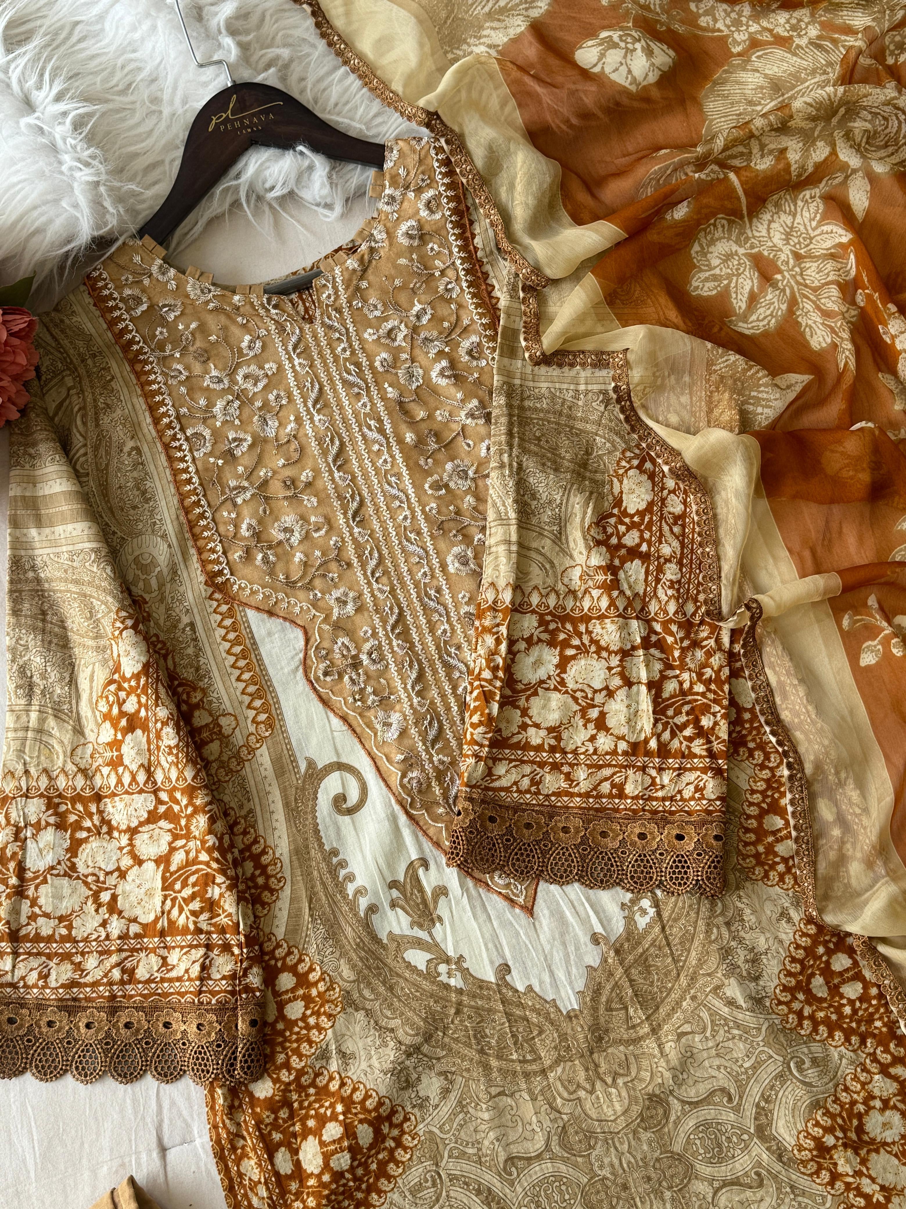 Yellow Neckline Embroidered Pak-Suit