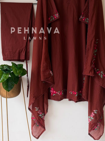 Cotton Embroidered Three Piece Suit-17364