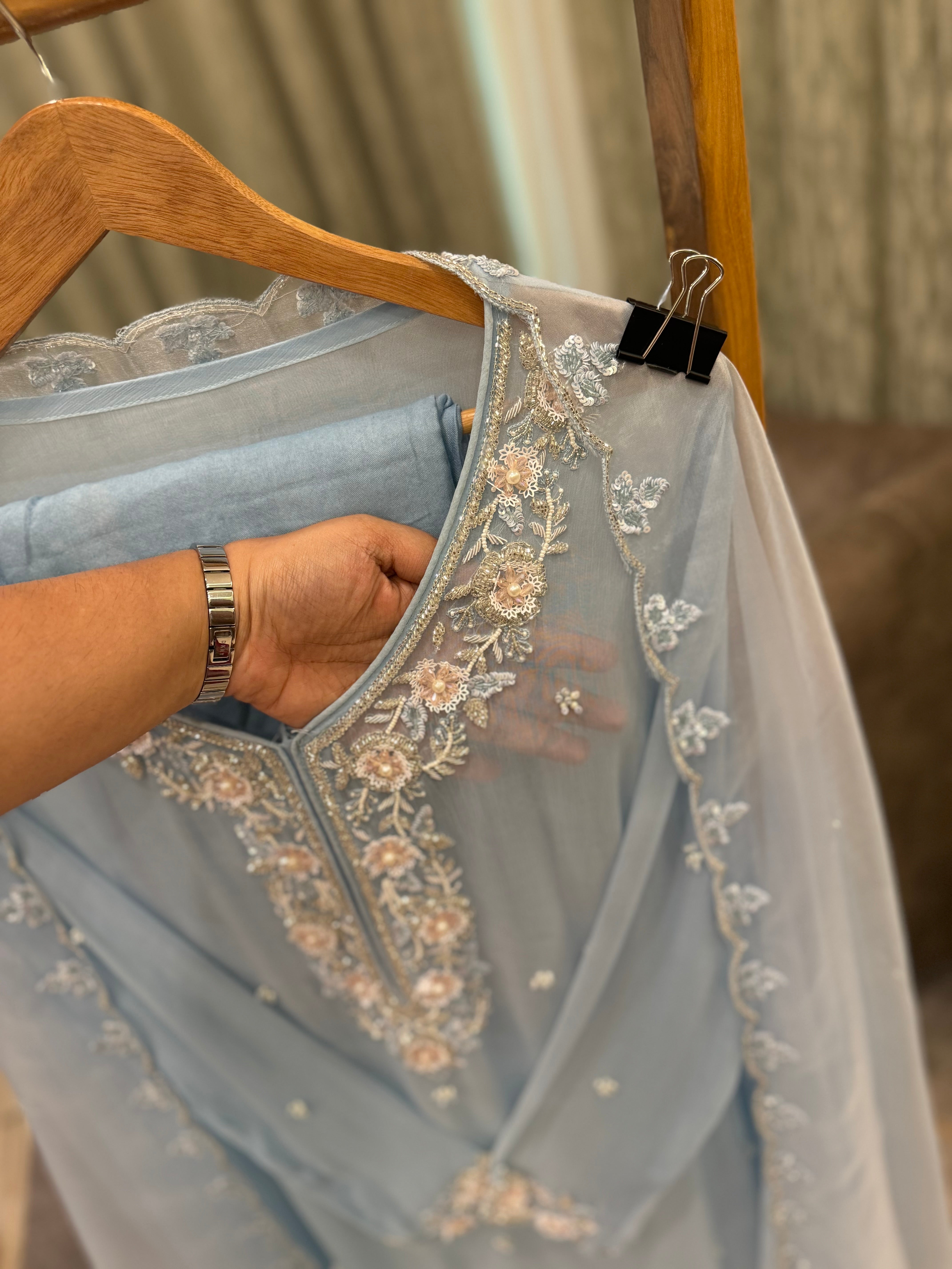 Premium organza  handwork suit with bottom and organza  hand  worked dupatta-2247