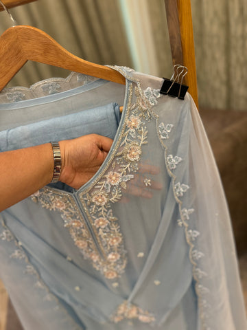 Premium organza  handwork suit with bottom and organza  hand  worked dupatta-2247