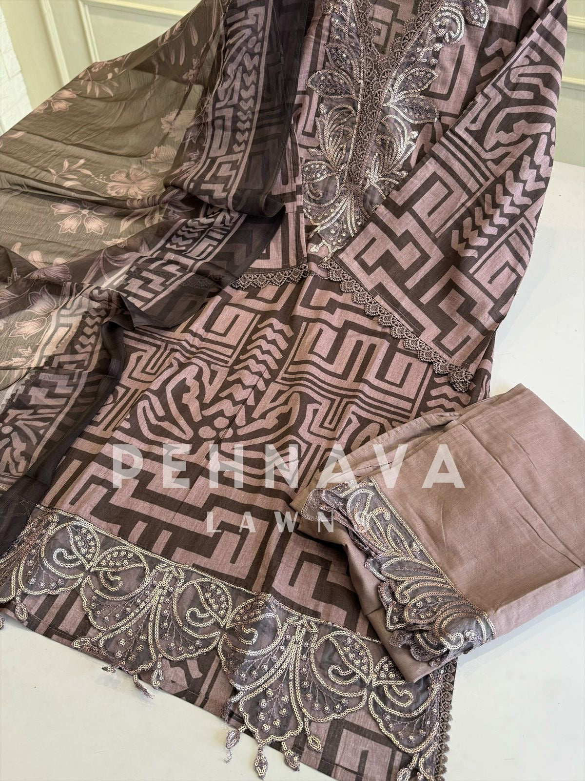 Embroidered Lawn Suit with Printed Dupatta-Chiffon/Cotton-7