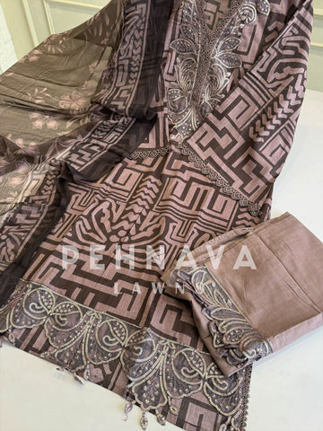 Embroidered Lawn Suit with Printed Dupatta-Chiffon/Cotton-7