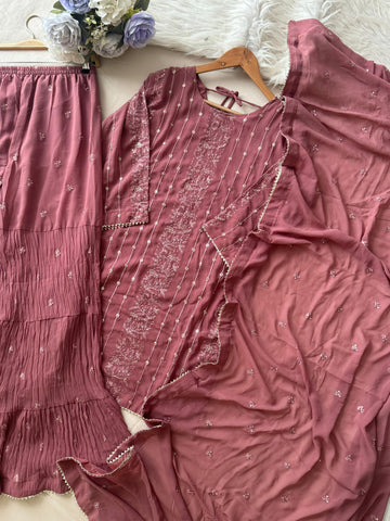 Georgette Embroidered Pink Sharara Suit
