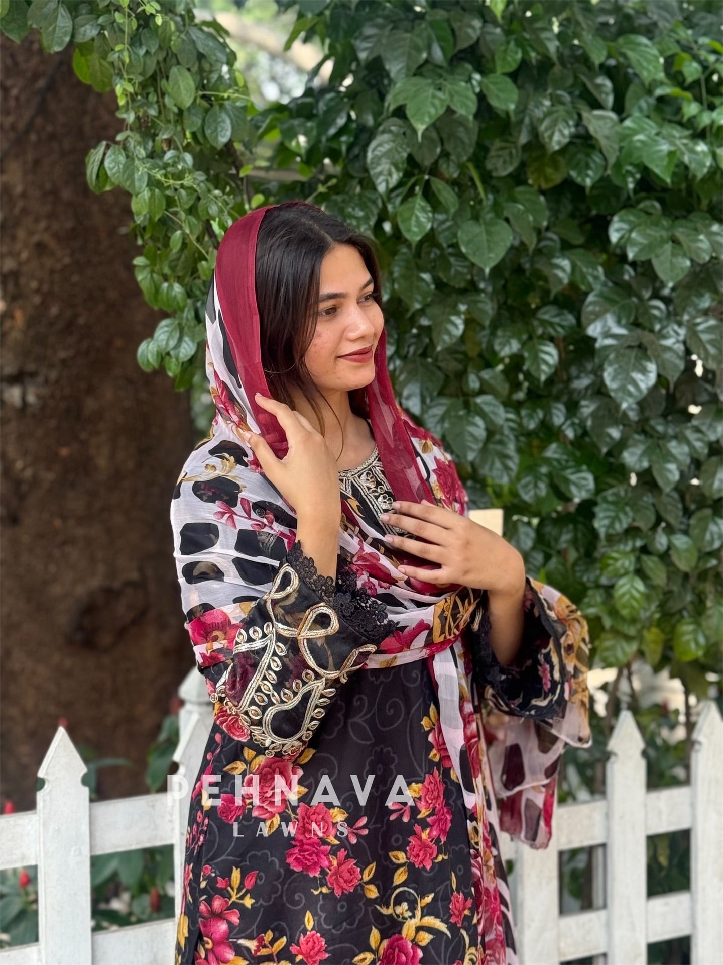 Floral printed  cotton suit with beautiful organza detailings-1182