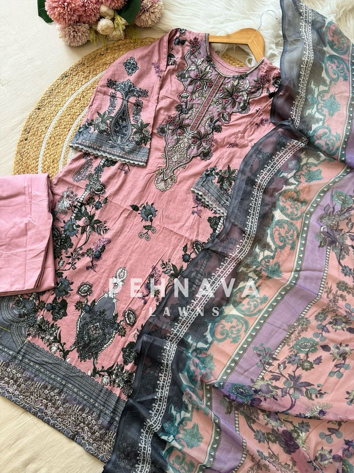 Pakistani printed cotton suit with embroidered patches -9085
