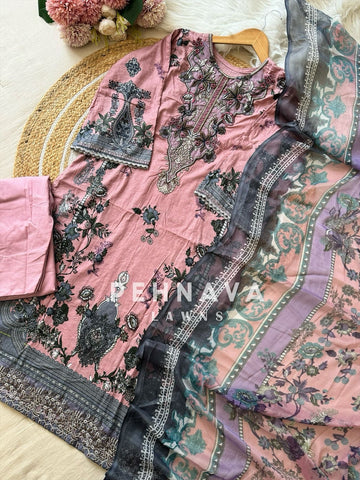 Pakistani printed cotton suit with embroidered patches -9085