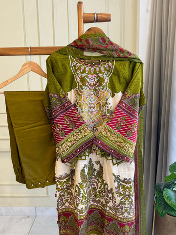Green Cotton Embroidered Floral Suit-1