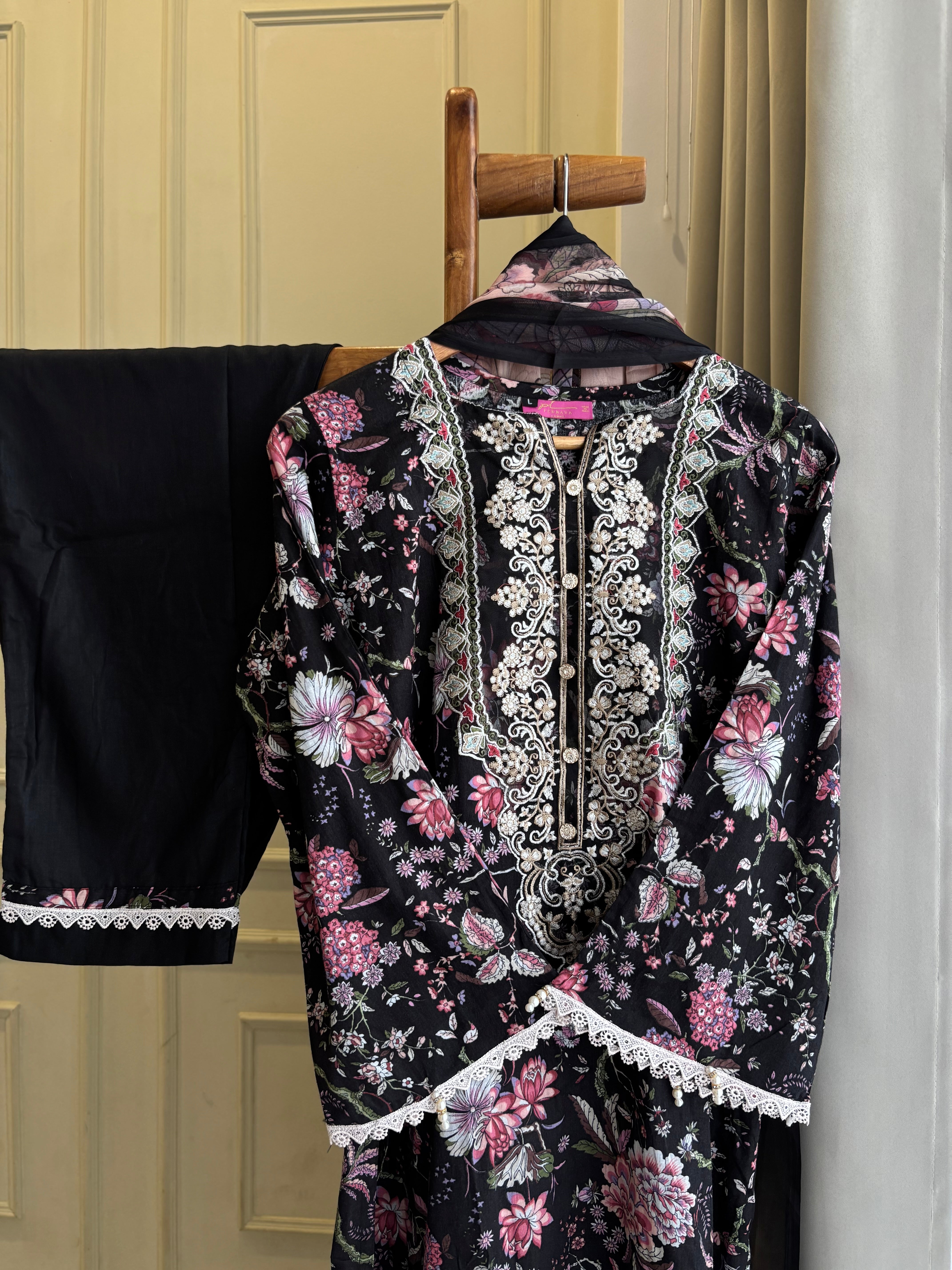 Black Embellished Floral Suit