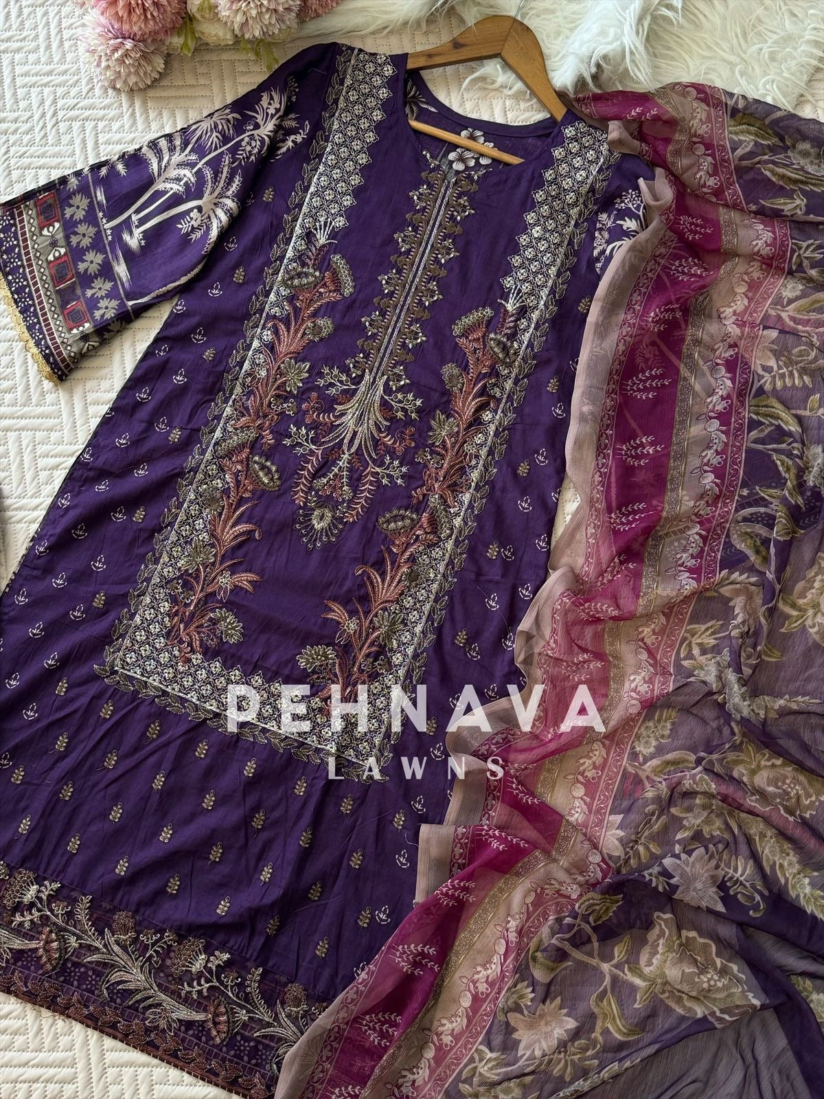 Purple Cotton Embroidered Suit with Chiffon/Cotton Dupatta-3374