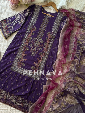 Purple Cotton Embroidered Suit with Chiffon/Cotton Dupatta-3374