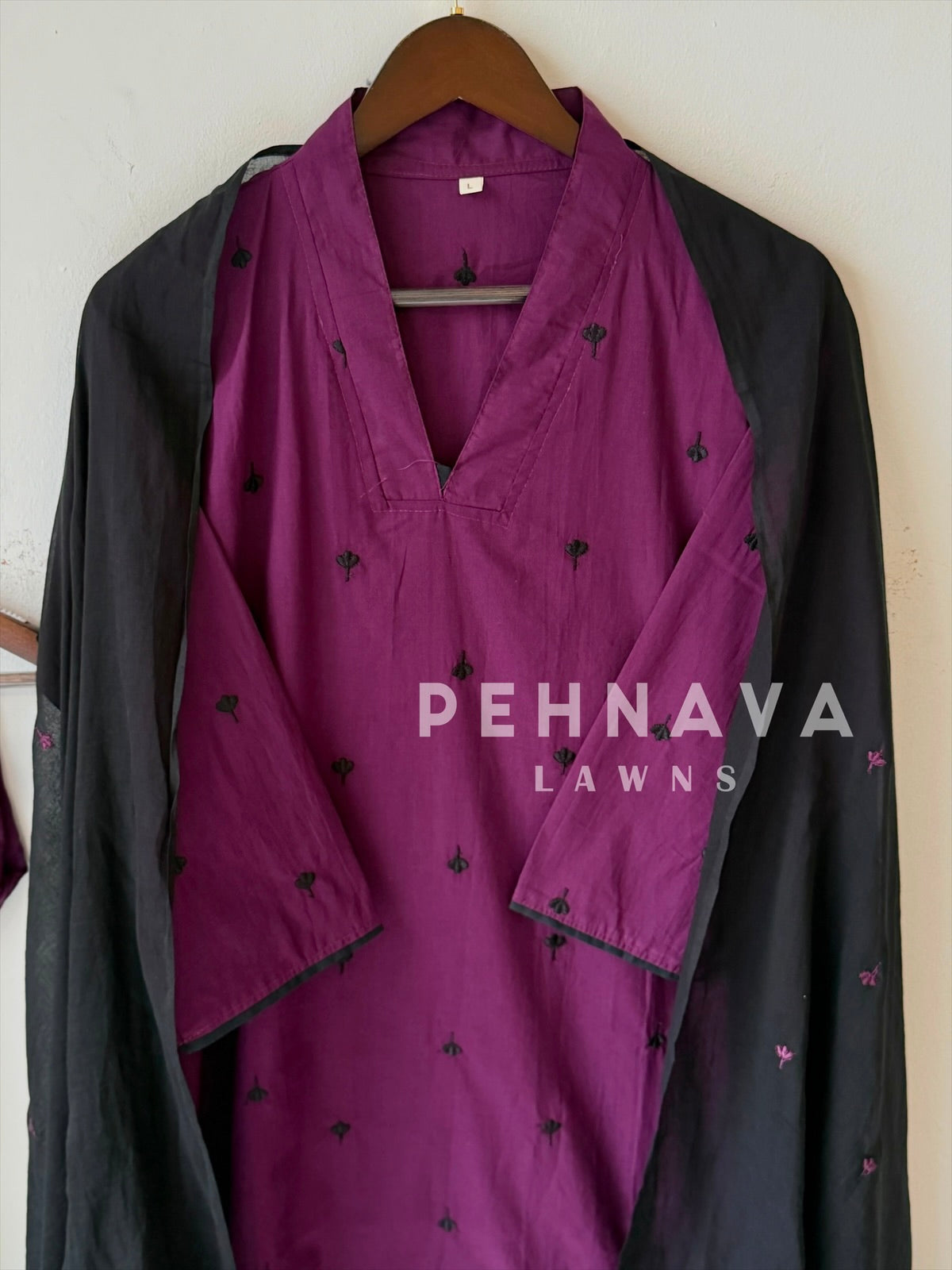 Women's V-Neck Embroidered Cotton Suit Set with Dupatta | Style | Pehnava