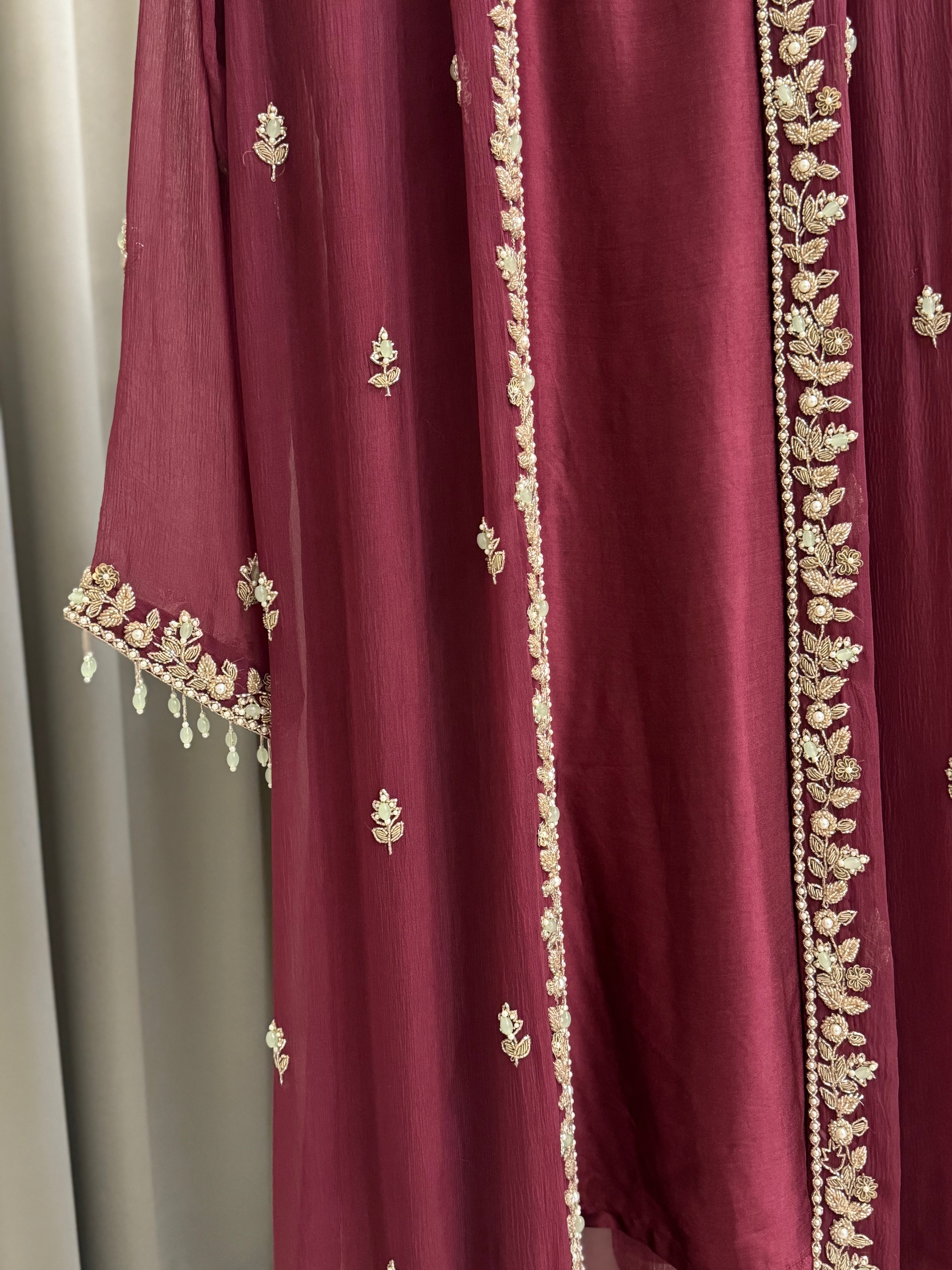 Premium Chiffon handworked jacket style with scalloped organza dupatta