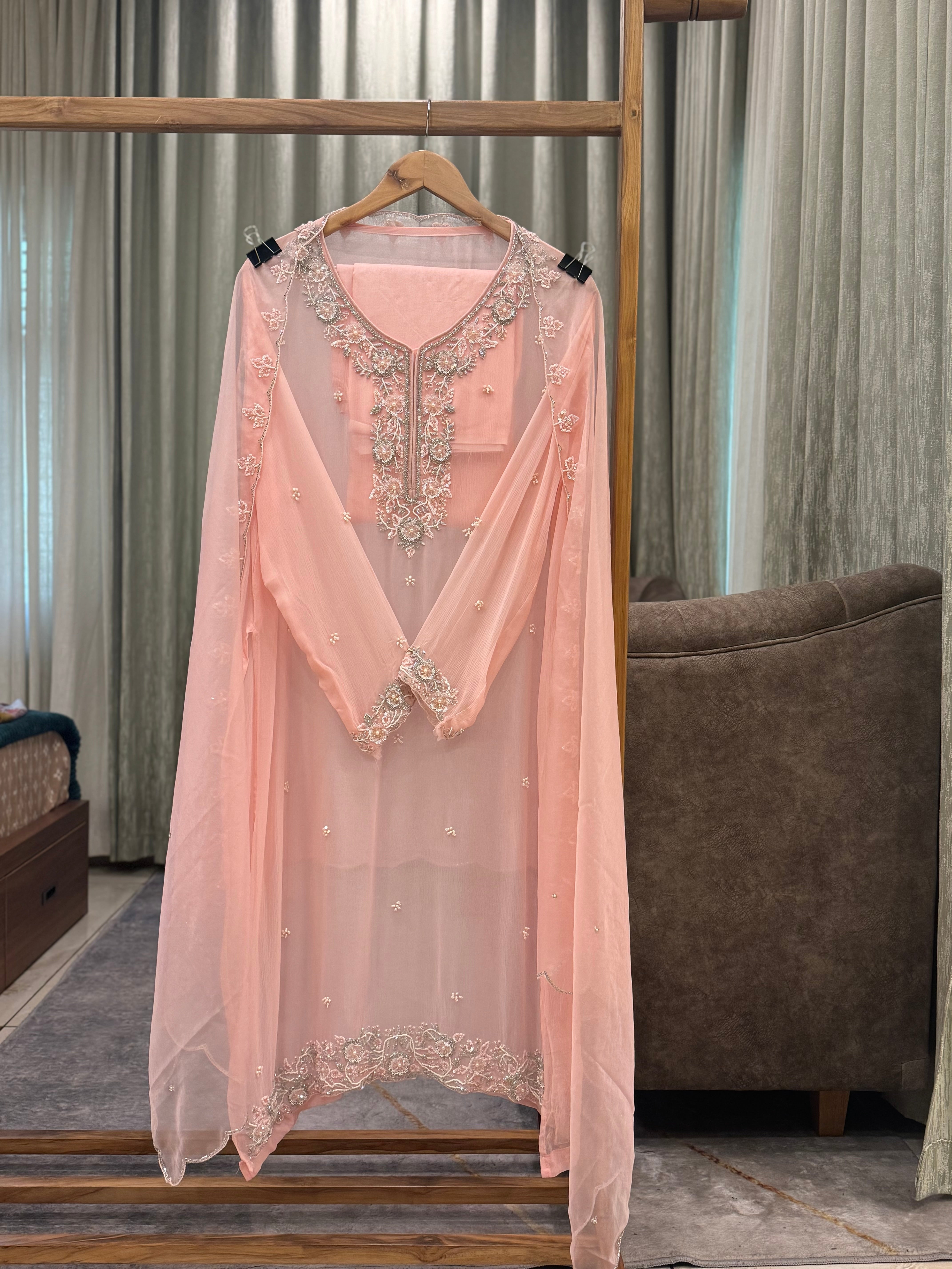 Premium organza  handwork suit with bottom and organza  hand  worked dupatta-2247