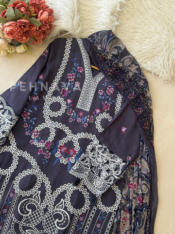 Blue Semi-stitched Embroidered Rayon Suit 1456