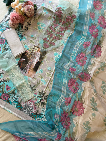 Pakistani printed cotton suit with embroidered patches -9088