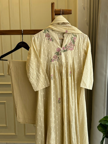 Pure Cotton Self-Embroidered pleated suit-4601