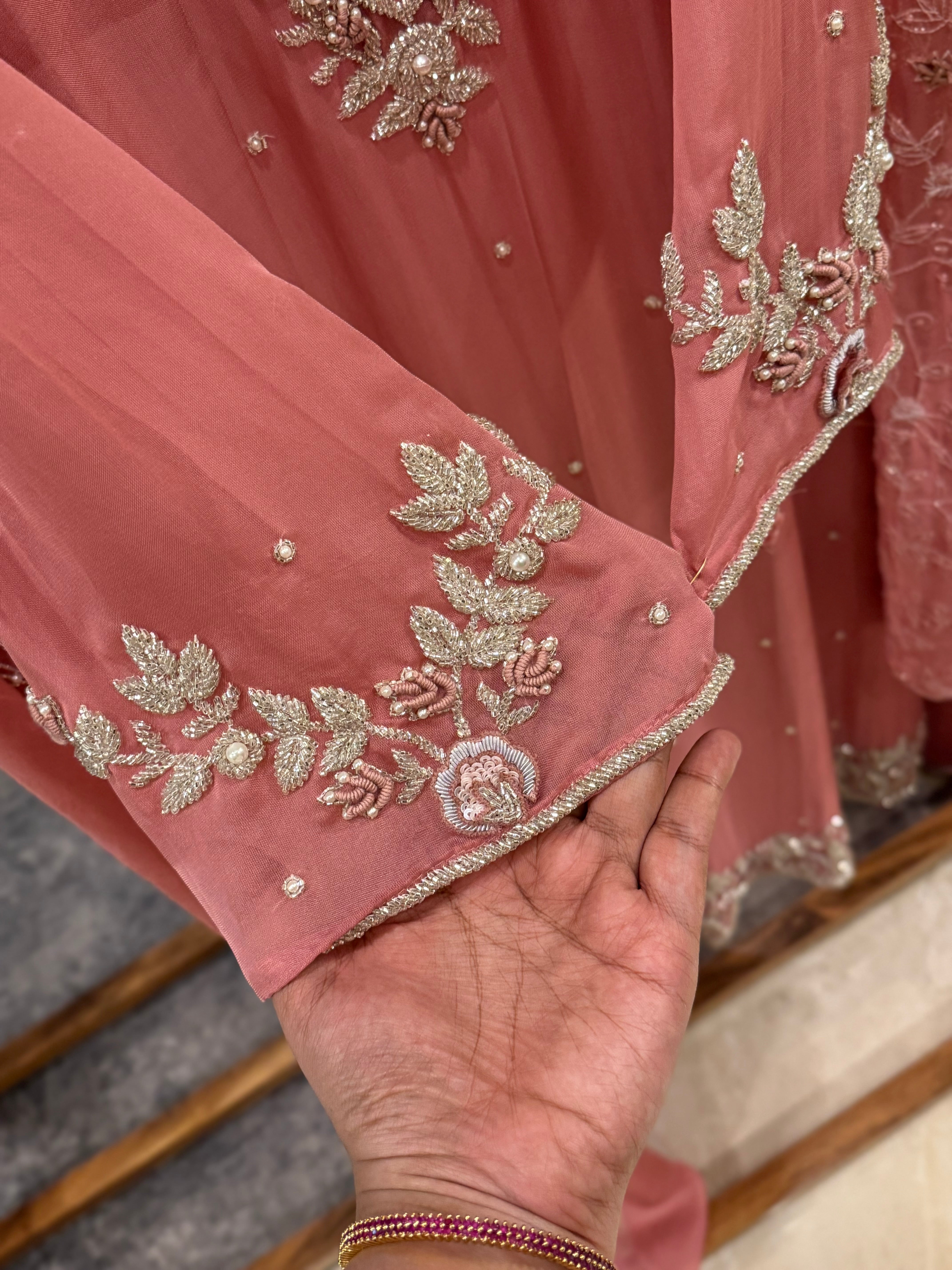 Premium organza  handwork suit with bottom and organza  hand  worked dupatta-1098