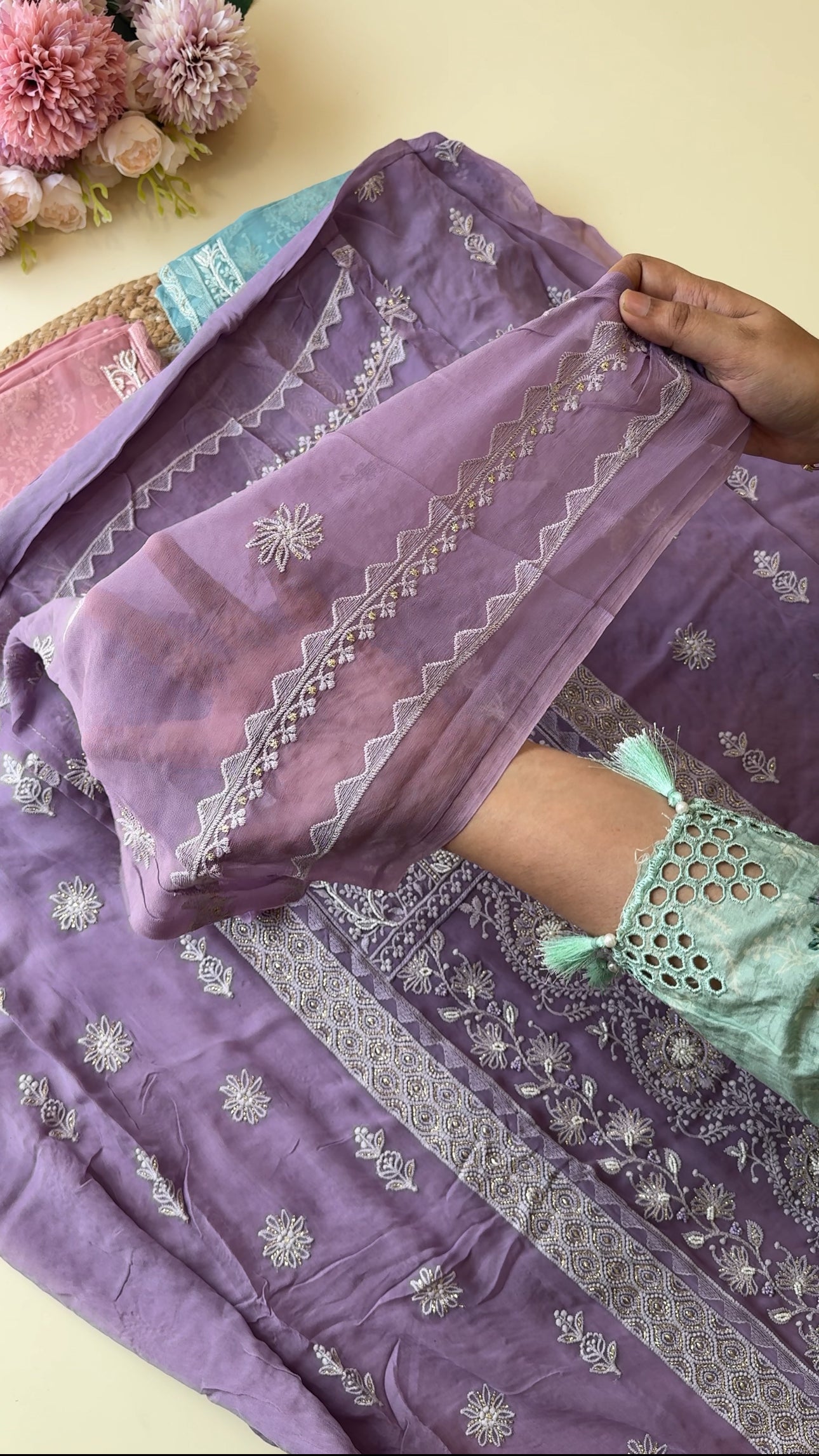 Pure chiffon chikankari handworked suit-9936