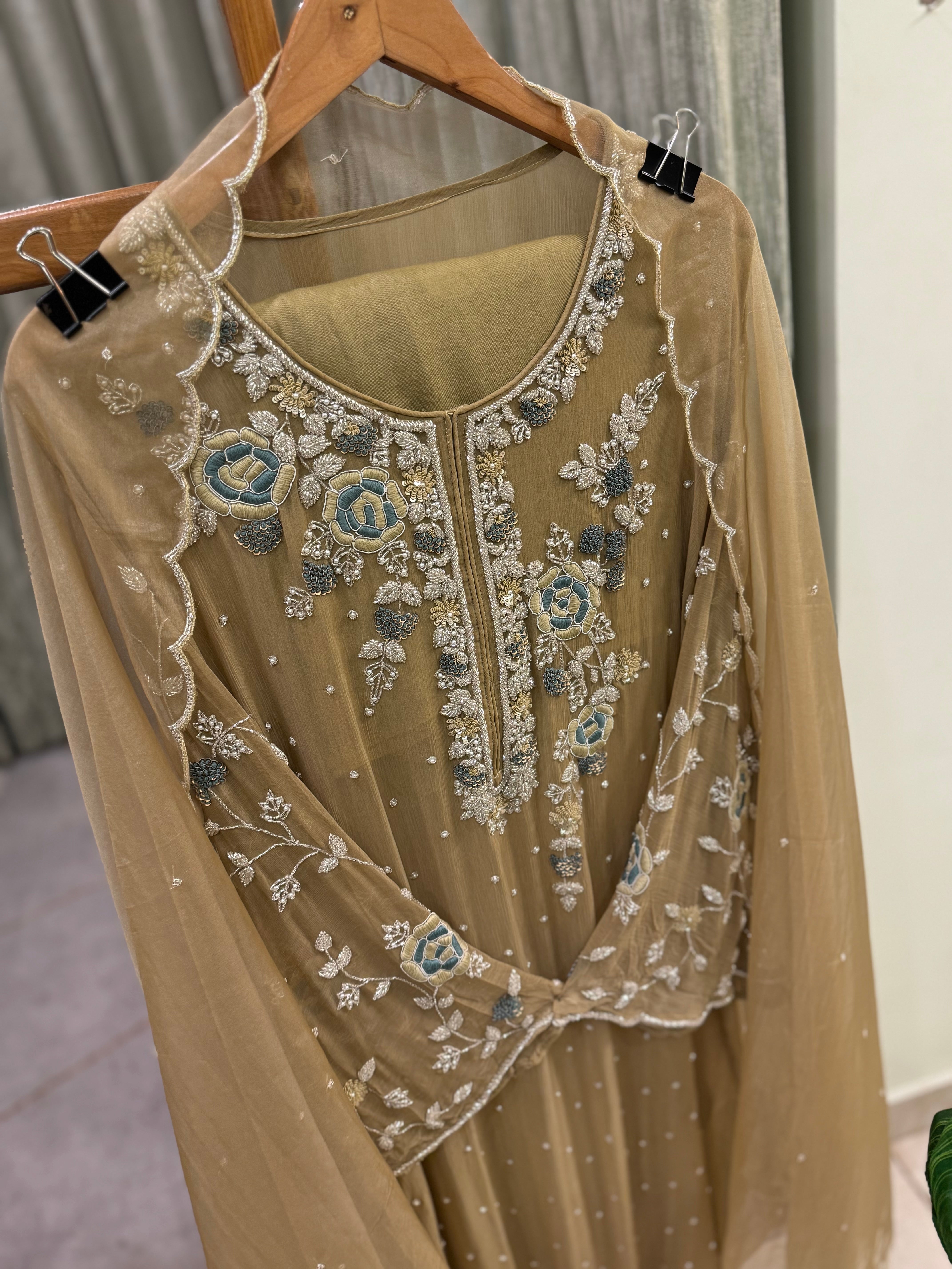 Premium Chiffon handwork suit with bottom and organza  hand  worked dupatta-1180