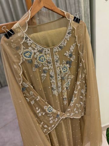 Premium Chiffon handwork suit with bottom and organza  hand  worked dupatta-1180