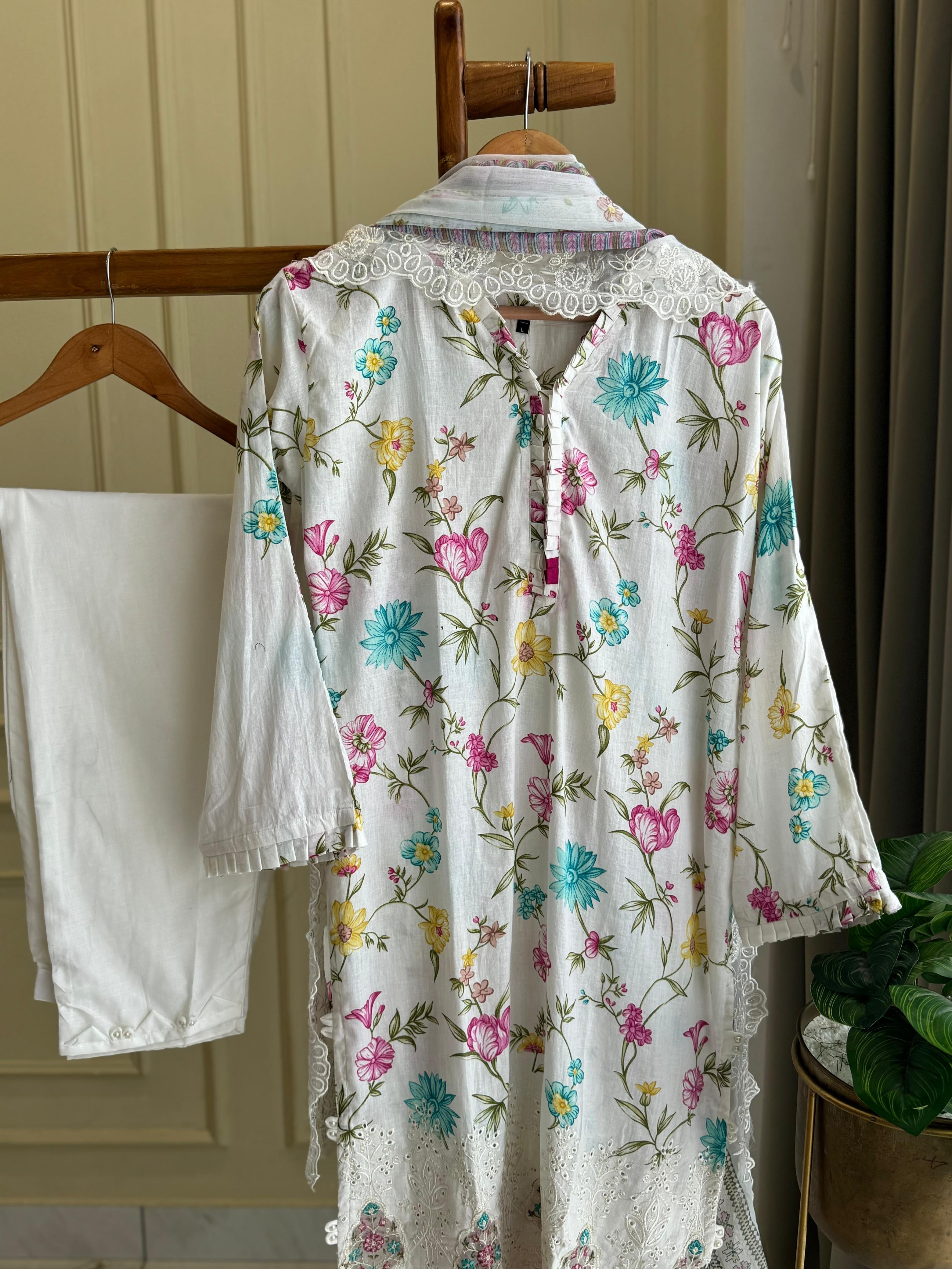 White Floral Printed Ready to Wear Suit