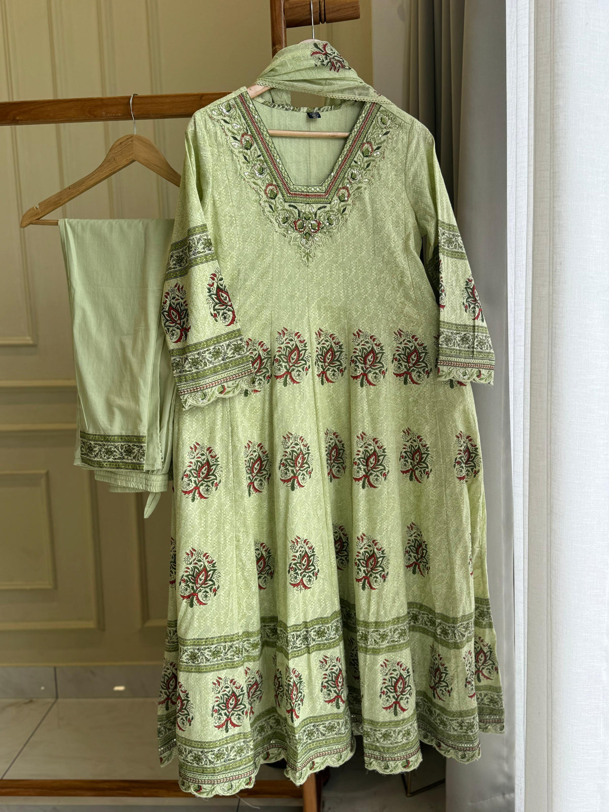 Cotton Floral-Anarkali with lace work and embroidered neck