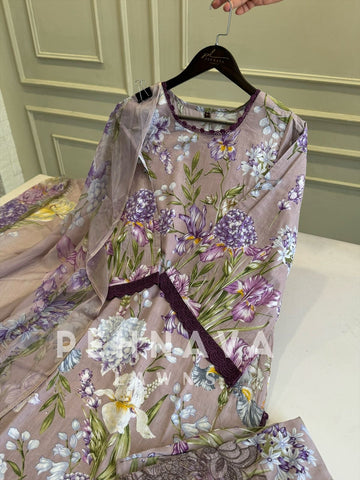 Floral Print Lawn Suit with Printed Dupatta-Chiffon/Cotton