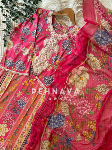 Floral Printed Lawn Suit With Chiffon Dupatta