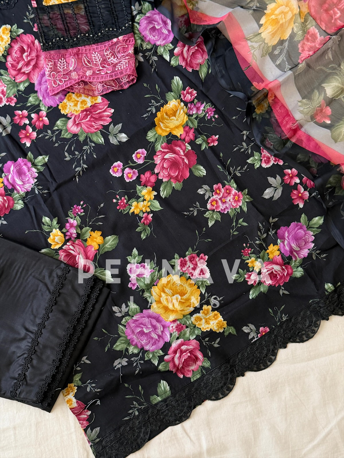 Floral Detailed Unstitched Suit-1329