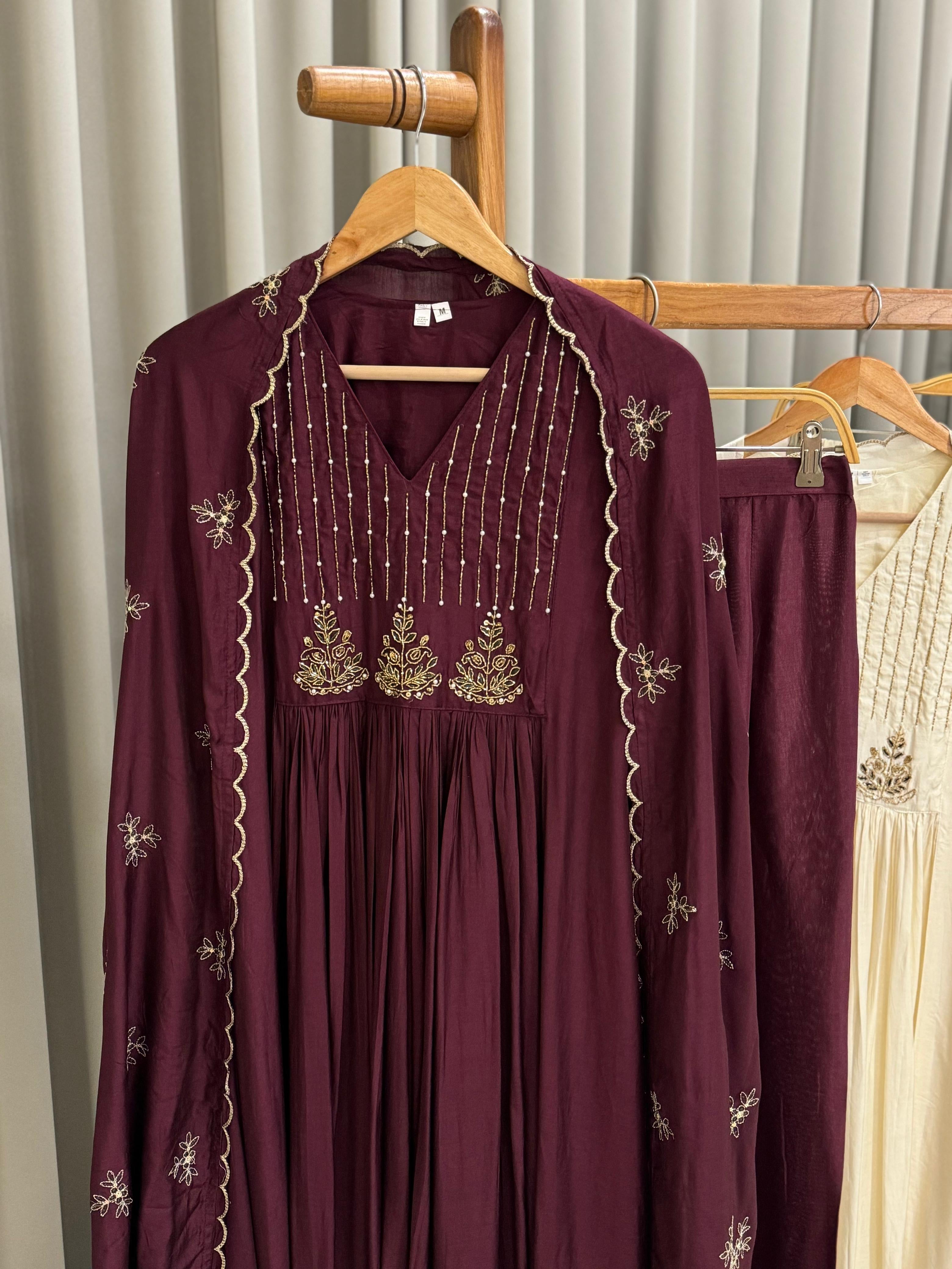 Handworked Anarkali pleated suit with scalloped dupatta
