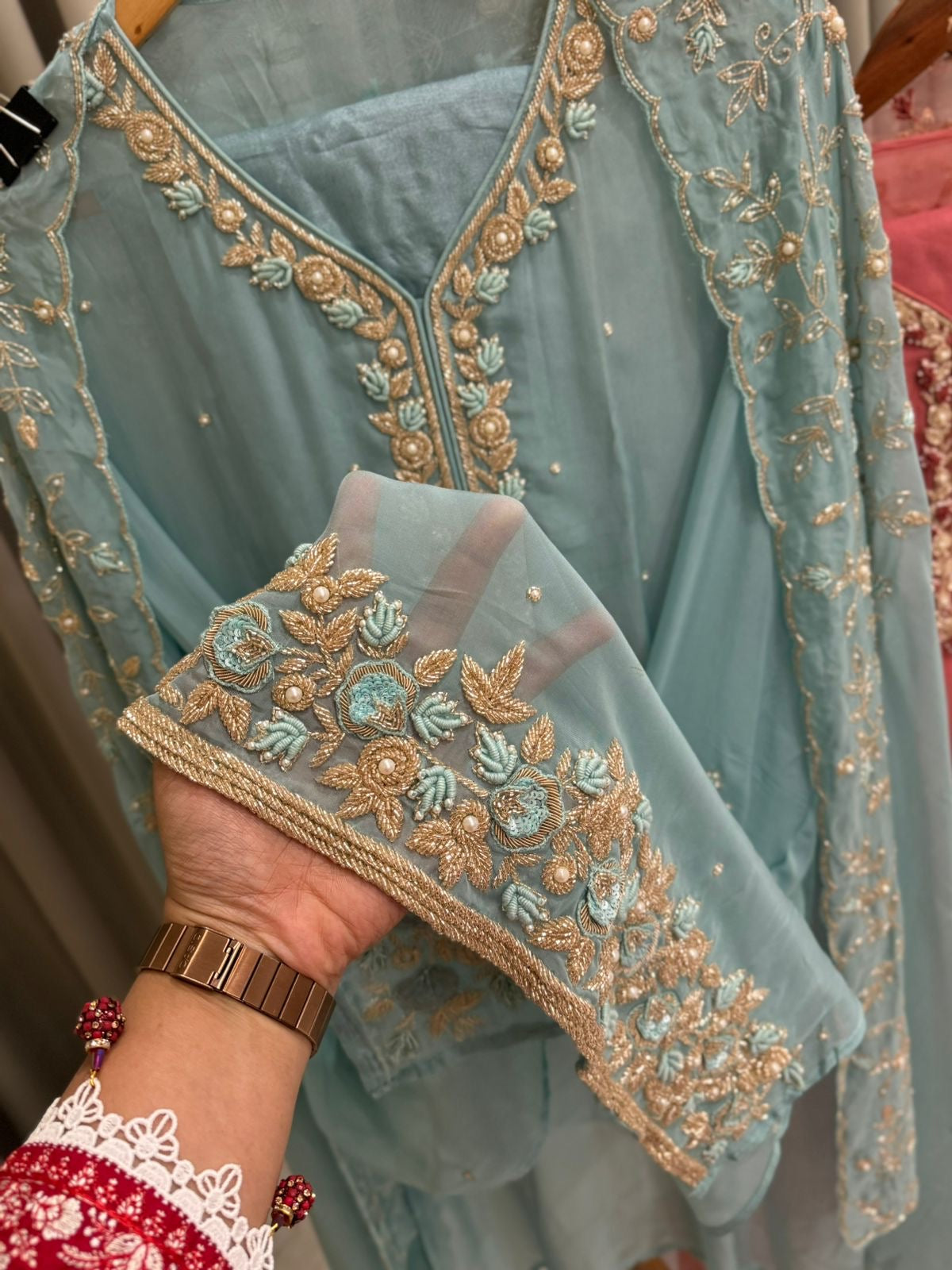 Premium organza  handwork suit with bottom and organza  hand  worked dupatta-1098