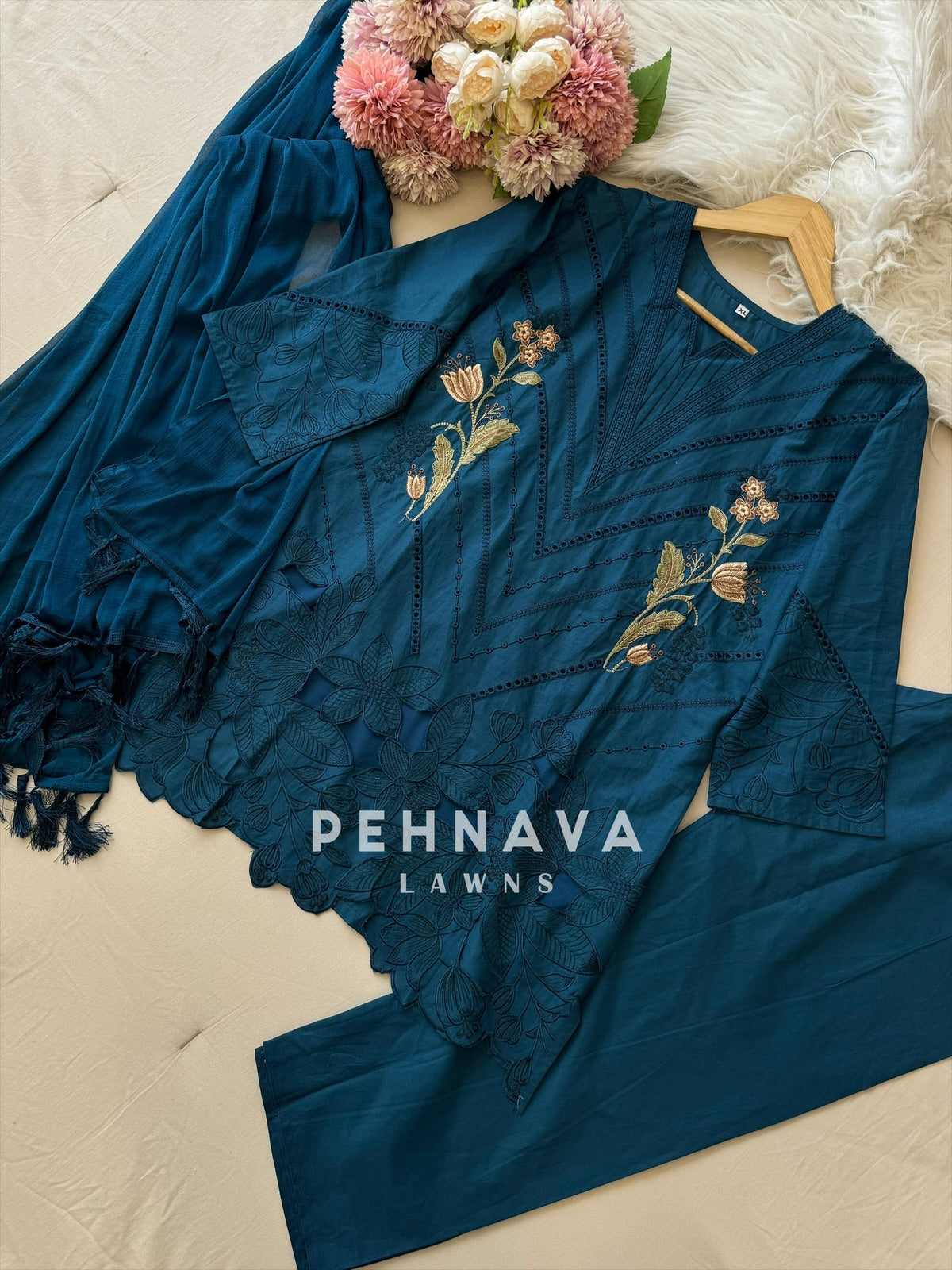 Glamorous red ensemble with cutwork embroidery - Pehnava Lawns