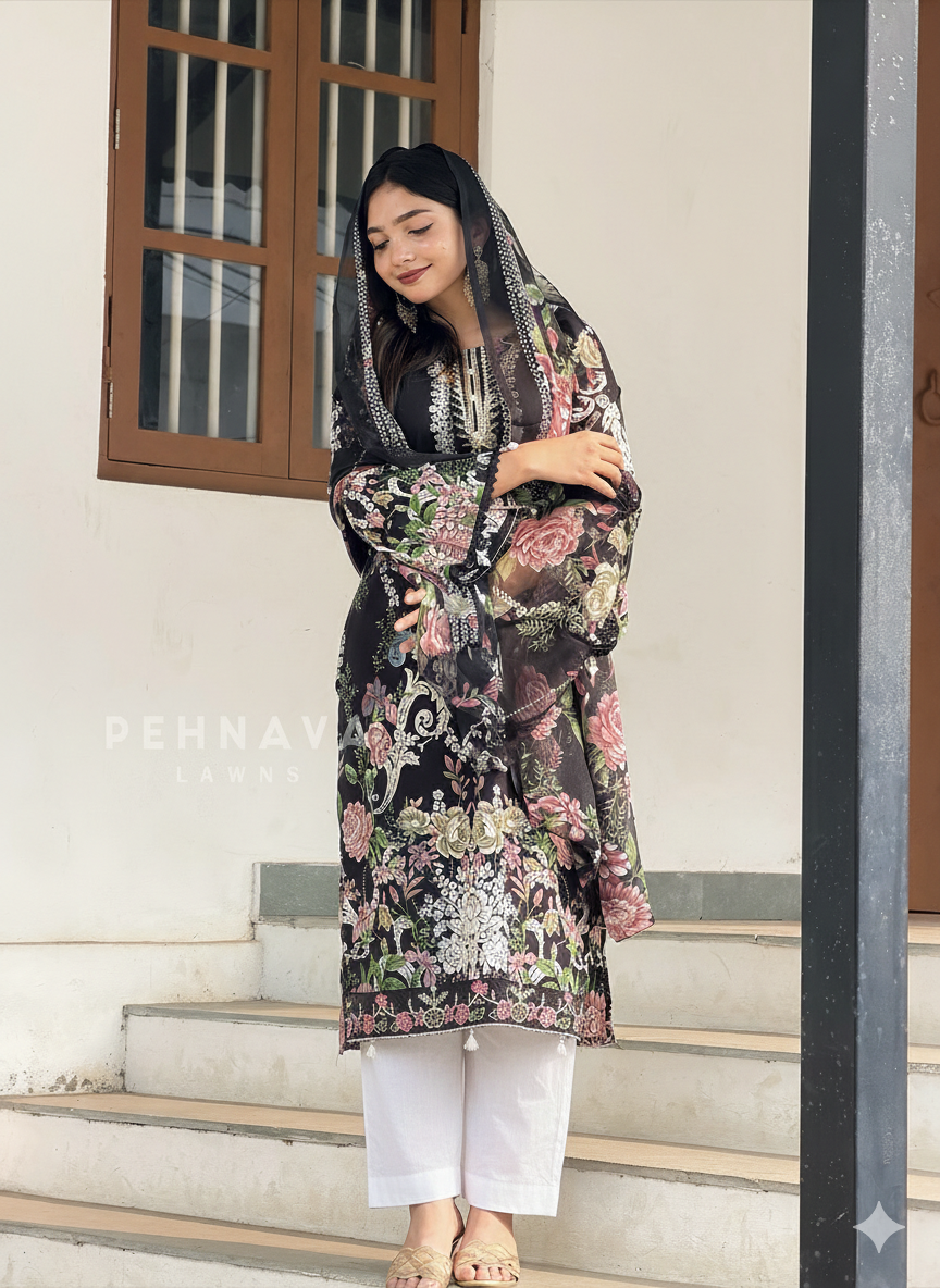 Floral Black Embroidery Suit-1351 - Pehnava Lawns