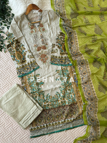 Green Cotton Suit With Chiffon Dupatta
