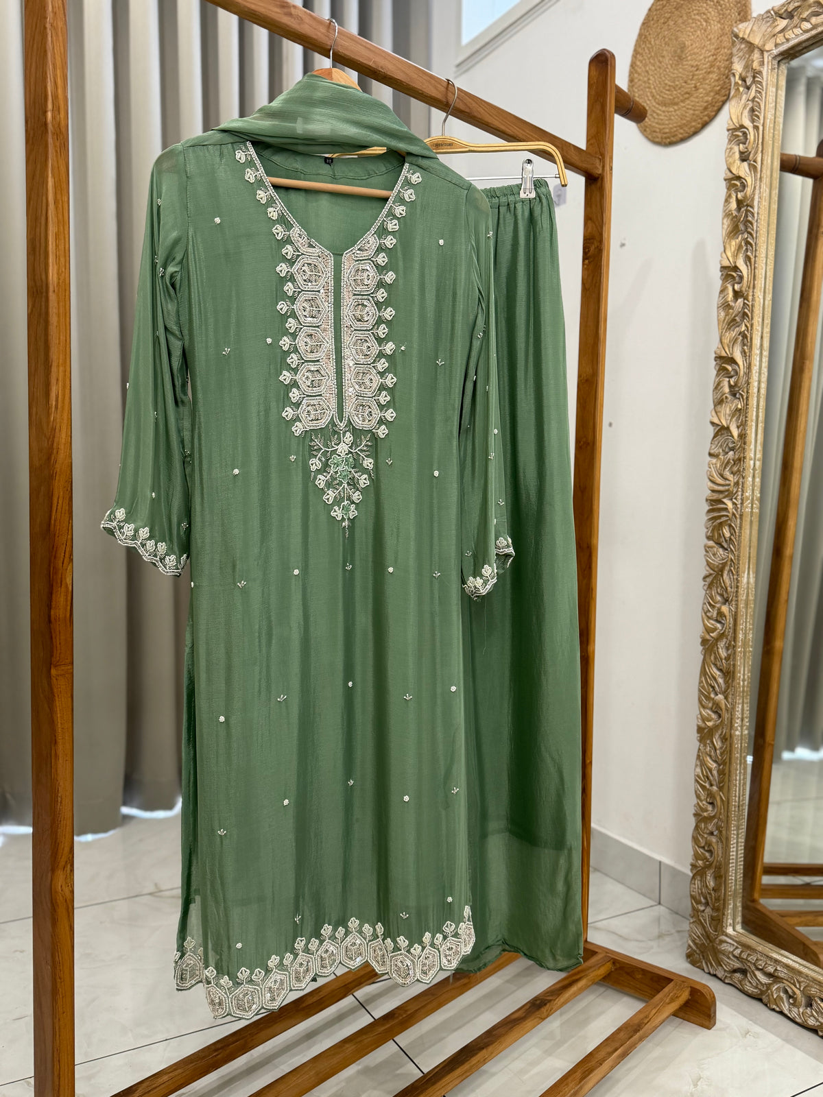 Chinnon handworked suit with  wide palazzo-color options available