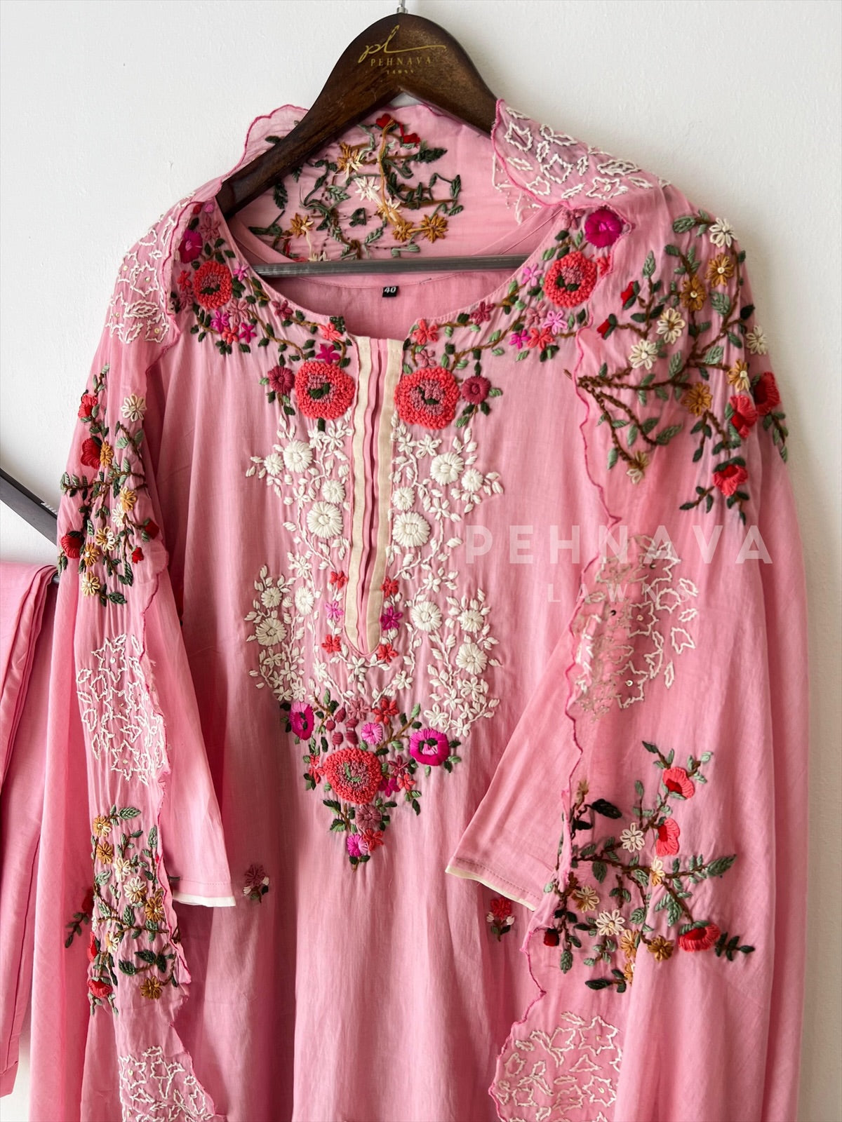 Floral Embroidered Suit with Scalloped Dupatta