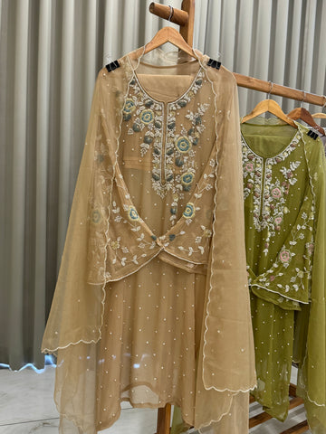 Premium Chiffon handwork suit with bottom and organza  hand  worked dupatta-1180