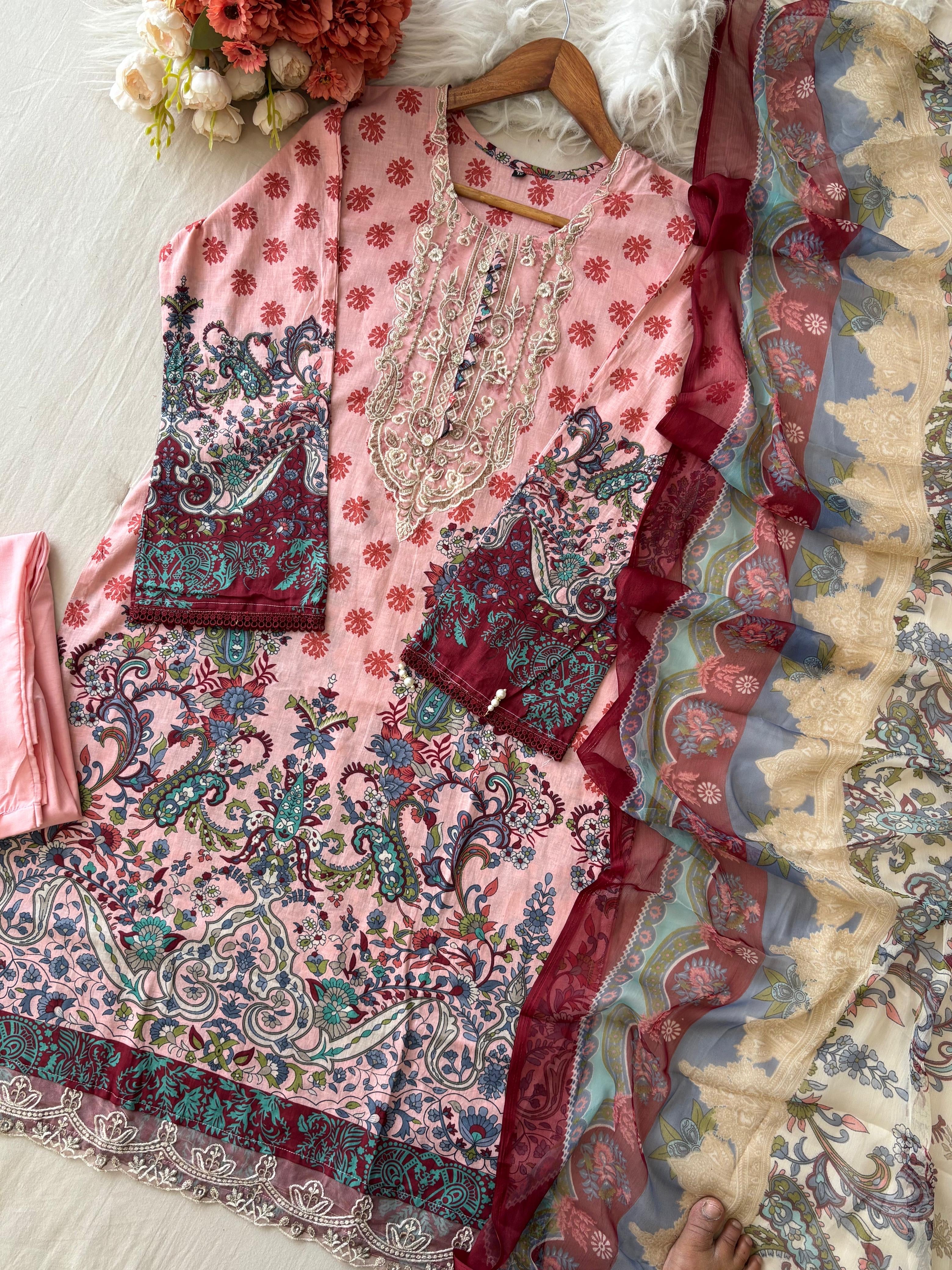 Pastel Pink Cotton casual suit with pure chiffon dupatta 1366